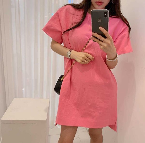 

korean chic summer all-match candy color o neck short sleeve short front back long split tshirt dress women mini casual 210610, Black;gray
