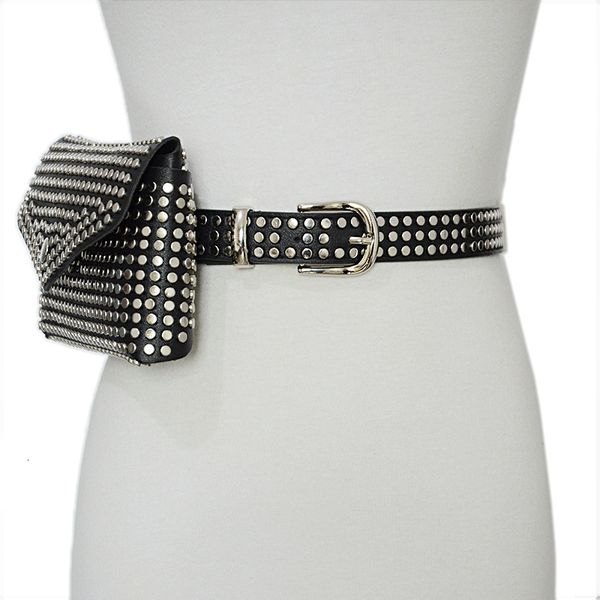 

new style women's personalized belt women's punk style three dimensional rivet thin belt decorative satchel waist bag, Black;brown