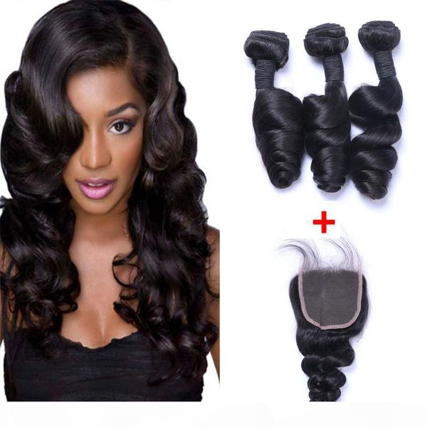 

brazilian loose wave human remy hair weaves with 4x4 lace closure bleached knots 100g pc natural color double wefts hair extensions, Black;brown