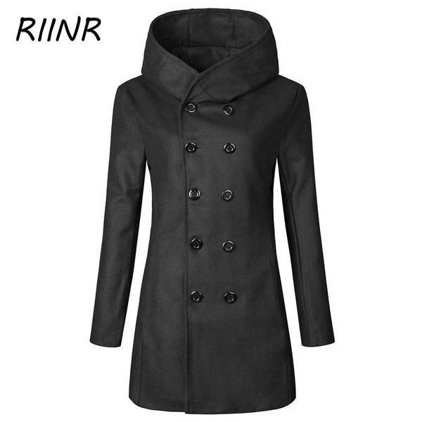 

men's wool & blends riinr autumn and winter woolen coat mens solid color slim-fit hooded men double-breasted, Black