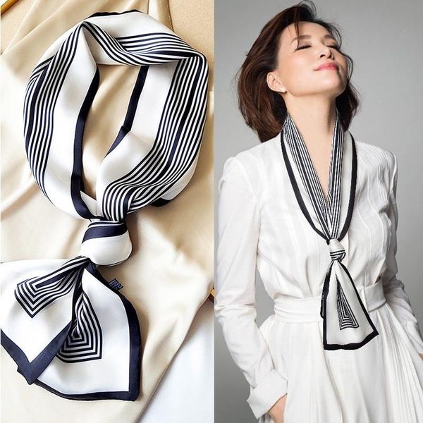 

scarves the same small scarf women hijab french black and white striped female ribbon all-match suit spring autumn thin long, Blue;gray