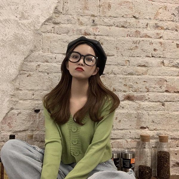 

women's knits & tees spring and autumn knitted short cardigan sweater long sleeve v-neck green blue waist clothing, White