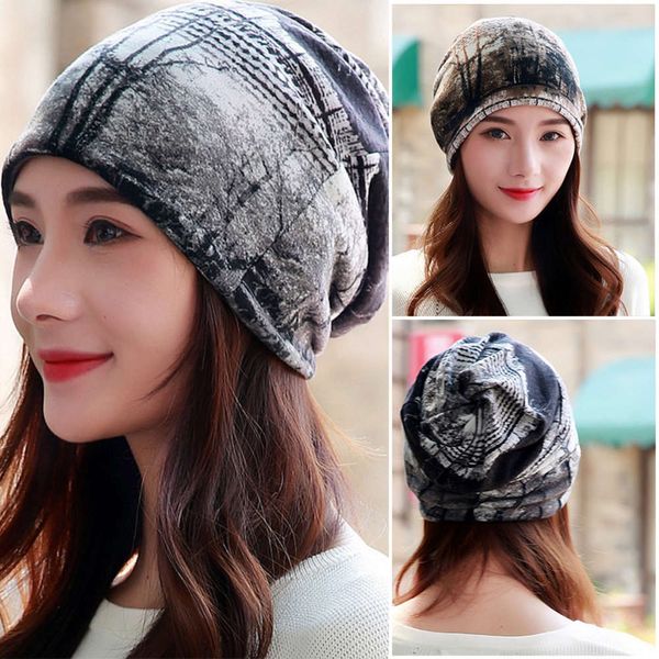 

longkeeper women hat polyester casual floral women's hats spring autumn two used female cap scarf 3 colors fashion beanies, Blue;gray