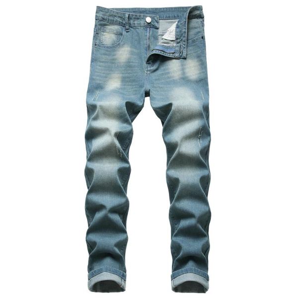 

men's jeans street men's motorcycle slim stretch denim trousers ripped casual, Blue
