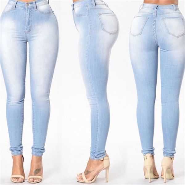 

women's grinding white elastic skinny stretch jeans 2xl high waist washed casual denim pencil pant 211117, Blue