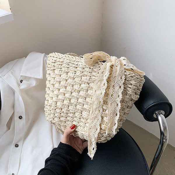 

evening bags casual bowknot straw woven bag ladies handmade shoulder lace ribbon tote fashion handbag summer beach