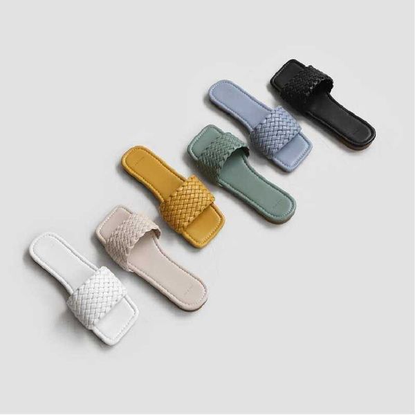 

slippers women's slippers weave leather flip flops square foot finger summer feminine slides casual korean style 3vs1, Black
