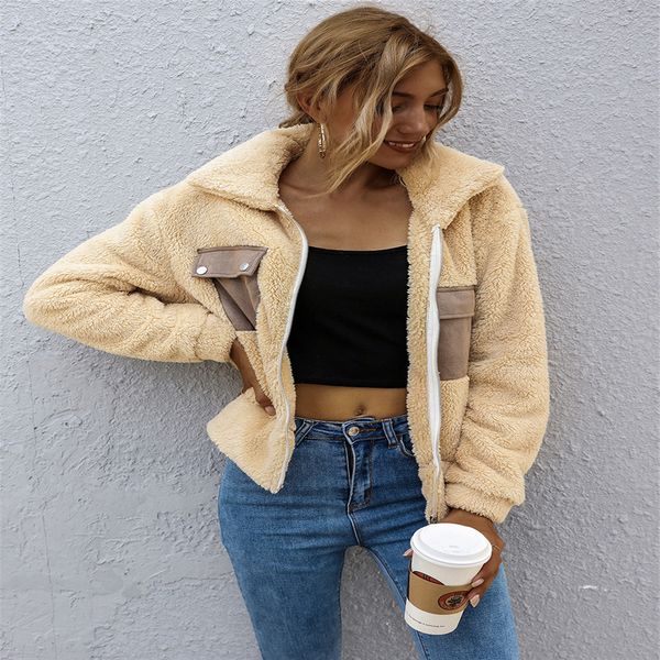 

autumn winter women thick faux jacket lapel fleece fuzzy shaggy zipper coat with patchwork pockets s-xl kg-289, Black;brown