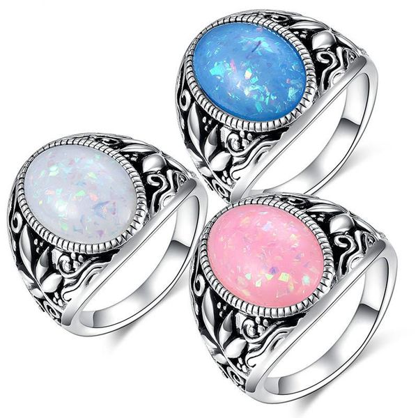 

cluster rings male female big pink/blue/white fire opal stone ring boho fashion 925 silver jewelry vintage wedding for men and women, Golden;silver