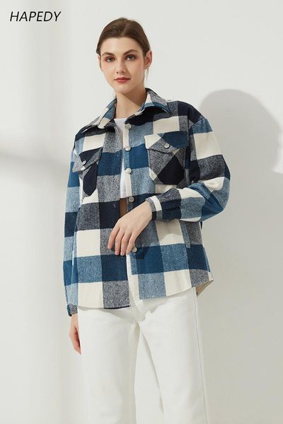 

women's jackets hapedy 2021 womens plaid shirt jacket coat ladies pockets thick turn down collar plus size female outerwear, Black;brown