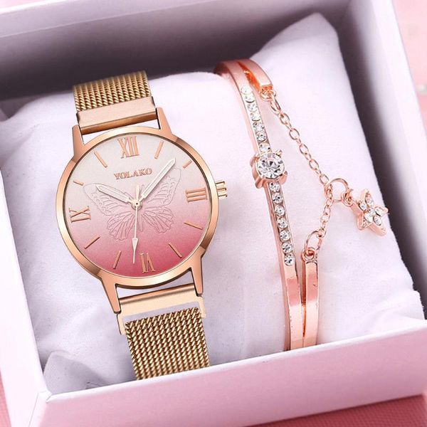 

wristwatches yolako women gradient butterfly watch luxury ladies magnetic band quartz wrist watches bracelet set relogio feminino, Slivery;brown
