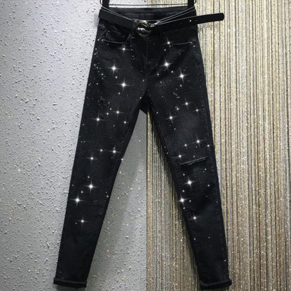 

spring autumn heavy work drilling women jean high waist hole casual stretch straight jeans, Blue