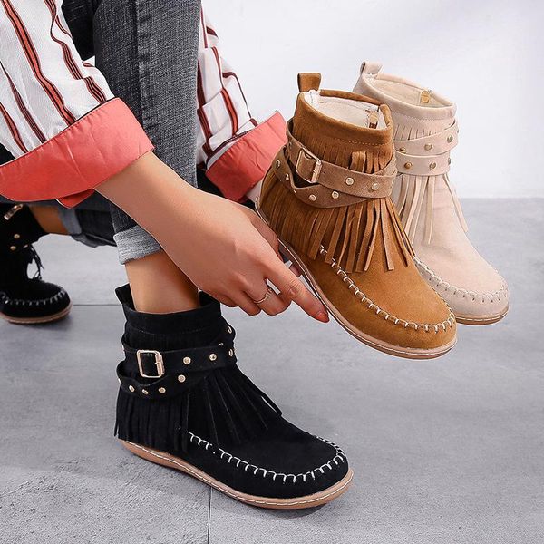 

boots winter 2021 fashion retro women flcok ankle round toe platform fringe zip casual plus size 35-43 botas de mujer, Black