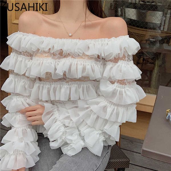 

kusahiki spring off shoulder chiffon blouse korean ruffle patchwork thin women shirt blusas mujer de moda 6e682 210602, White