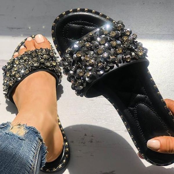 

slippers women summer flat beach female crystal rivets slides slipper shoes for fashion woman leisure footwear 2021, Black