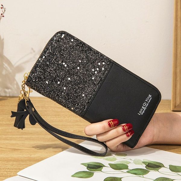 

new wallet long section women zipper wallet female student korean stitching contrast color tassel wild card bag mobile phone bag, Black;red
