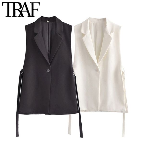 

traf women fashion with tabs single button office wear waistcoat vintage sleeveless side vents female vest coat chic veste 210819, Black;white
