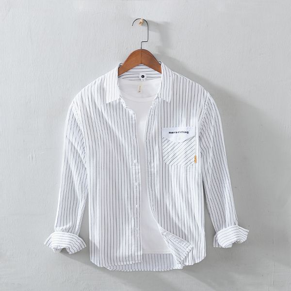 

2021 simple style long-sleeve stripe pure cotton male striped white shirts casual man chemise shirt spcw, Black