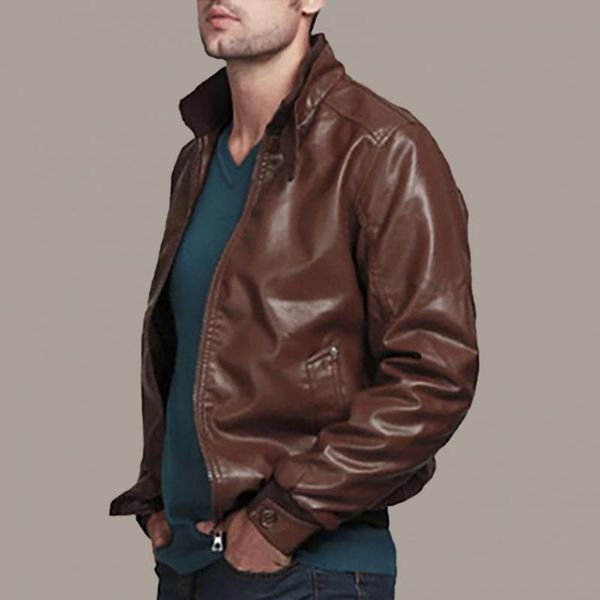 

men's jackets men jacket zipper closure stand collar stylish faux leather solid color slim fit motorcycle coats casual cool warm outerw, Black;brown