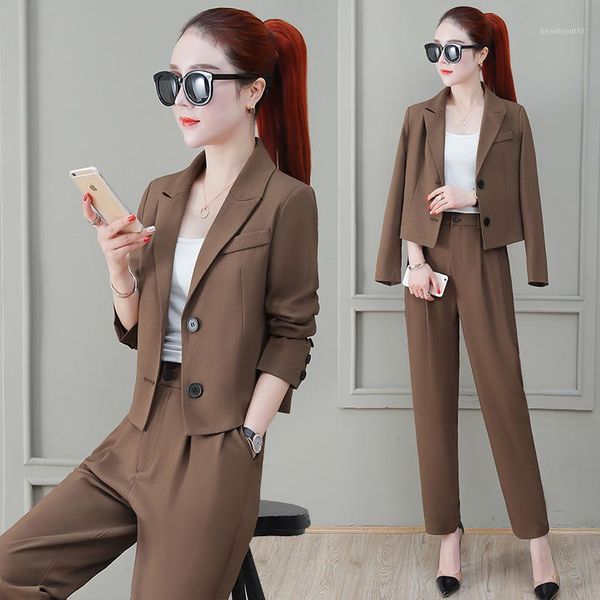

women's suits & blazers 2021 autumn single-breasted short section western decoration loose trousers temperament wild two-piece, White;black