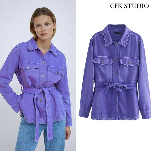 

women autumn denim jacket with turn-down collar belt solid long sleeve oversize coat femme elegant casual purple denim coat 201013, Black;brown
