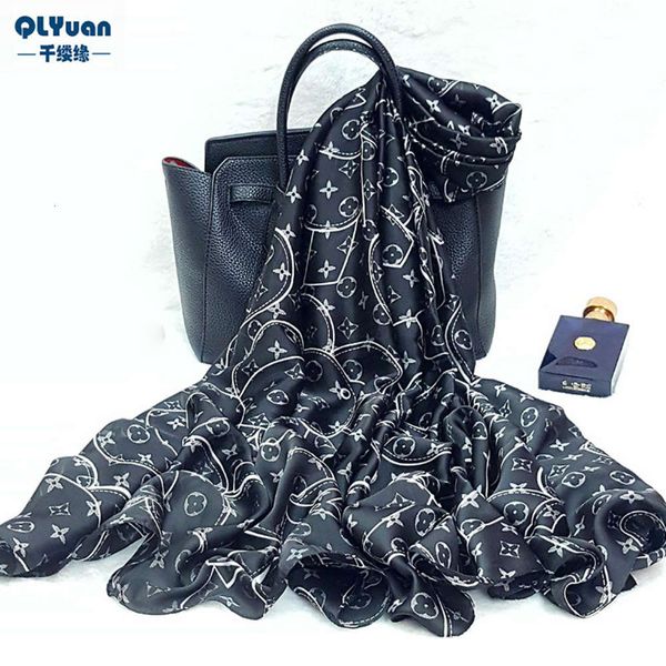 

2020 summer new satin silk scarf sun proof shawl beach towel yiwu, Blue;black