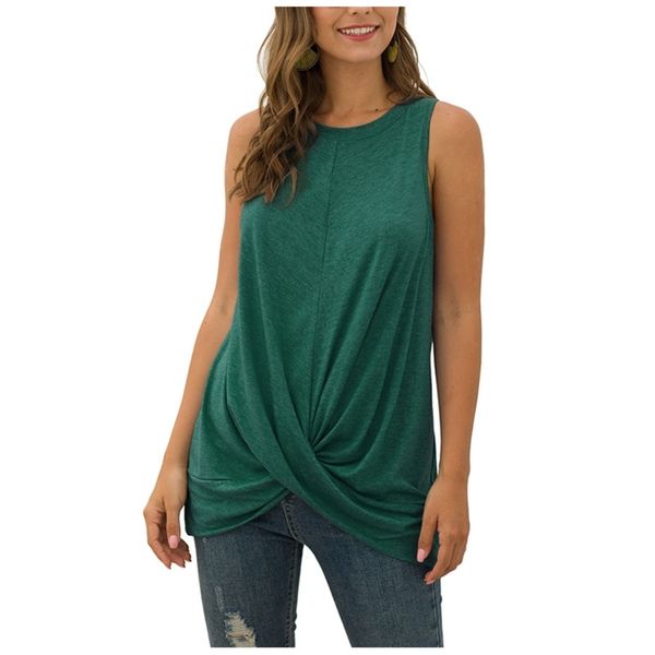 

casual women's summer ladies round neck sleeveless pleated stitching t-shirt fashion pure color beach t shirt 210315, White