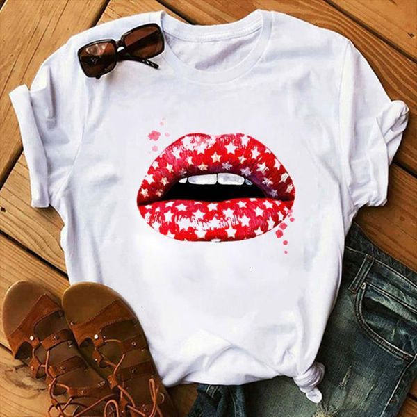 

summer tees red lips womens printed casual short sleeve brand fashion round neck soft, White