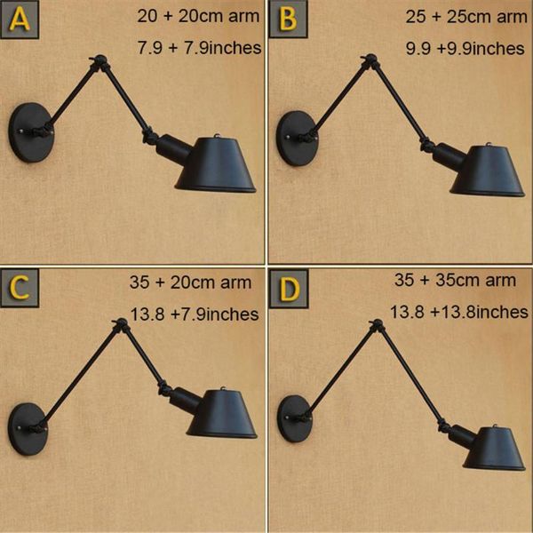 

vintage black 20/25/35cm double swing arms wall lights antique metal shade luminaire home lighting for office study reading shop