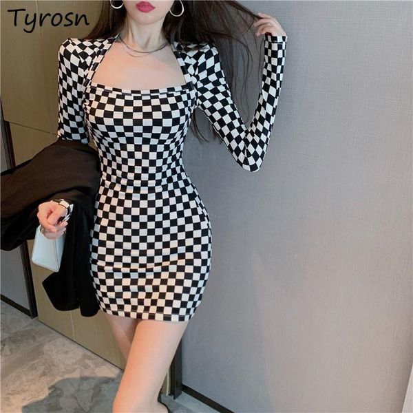 

casual dresses long sleeve women night club plaid low-cut mini sheath wrap hip streetwear defined waist slender empire vestidos, Black;gray