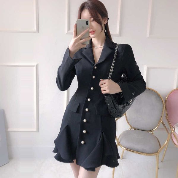 

spring ruffles blazer dresses women notched neck bodycon dress party office ol vestidos 210529, Black;gray