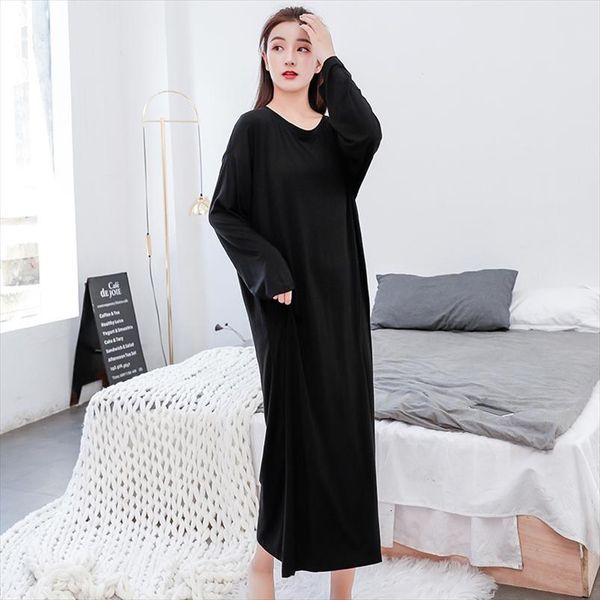 

long sleeved night dress pregnant women sleepwear round collar loose modal nightdress large size, Black;red