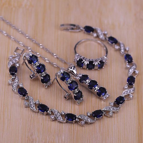 

earrings & necklace natural silver color costume jewelry set hoop earrings/pendant/necklace/rings/bracelet blue stone white cubic zirconia