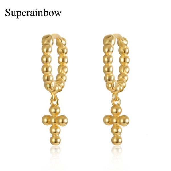 

hoop & huggie superainbow 925 sterling silver beads earrings for women girl gold cartilage jewelry cross charm sr-e226, Golden;silver