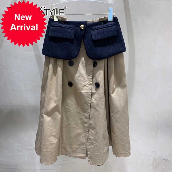 

twotwinstyle fake two patchwork skirt for women high waist elegant khaki midi skirts female fashion new clothing 2021 style, Black