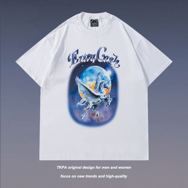 

tkpa fashion brand unicorn print short sleeve t-shirt men's and women's hip hop loose street trend base shirt summer top, White