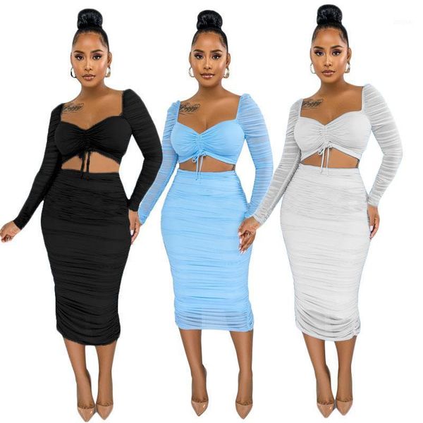 

two piece dress 2021 autumn personality suit mesh fabric t-shirt + skirt casual lady solid color pleated two-piece ladies, White