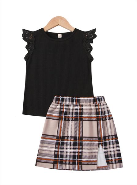 

summer infant girls clothes sets 2pcs lace fly sleeve solid t shirts plaid print a line skirts outfits 1, White