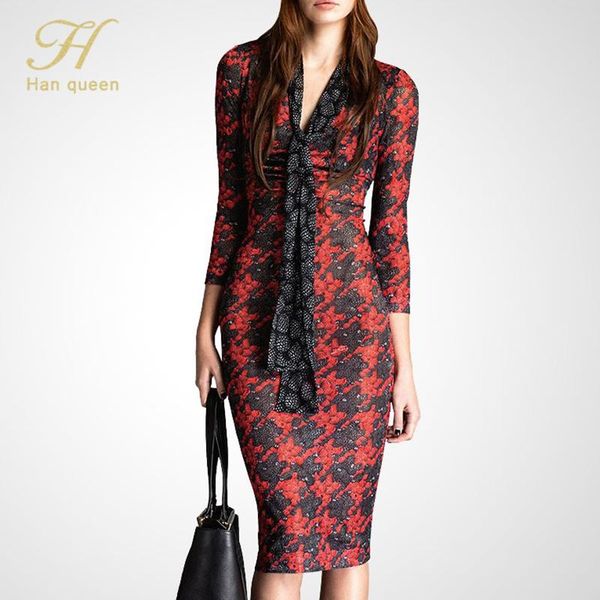 

casual dresses h han queen 2021 autumn vintage print mid vestidos ol pencil dress fashion slim office party womens, Black;gray