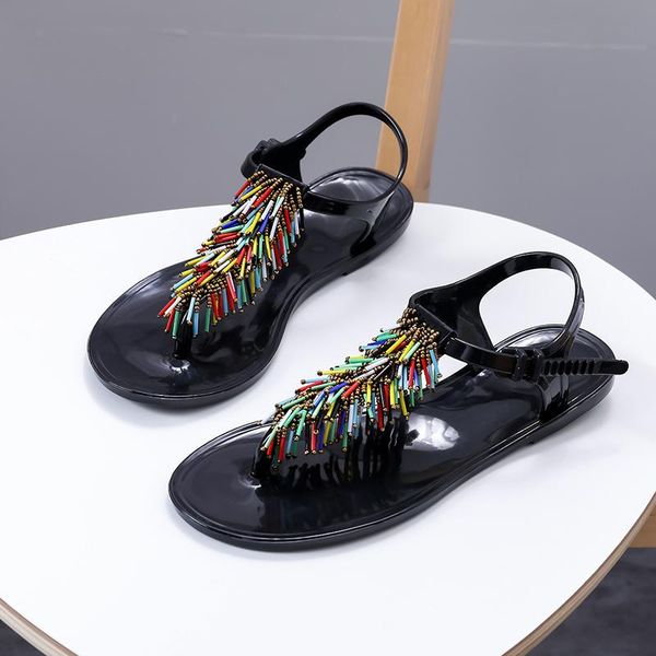 

new summer ladies leisure beach sandals beaded t-shaped solid color comfortable women shoes with pinch feet flats sandals, Black