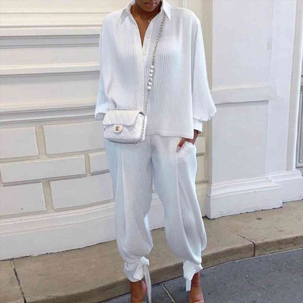 

two piece set and womenpant tracksuits casual solid suit long sleeve loose ropa mujer, White