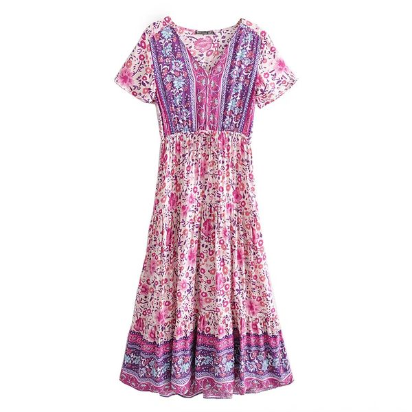 

2021 boho open button v neck floral print bohemia dress pink summer ethnic woman short sleeve tie bow strappy maxi long dresses, Red