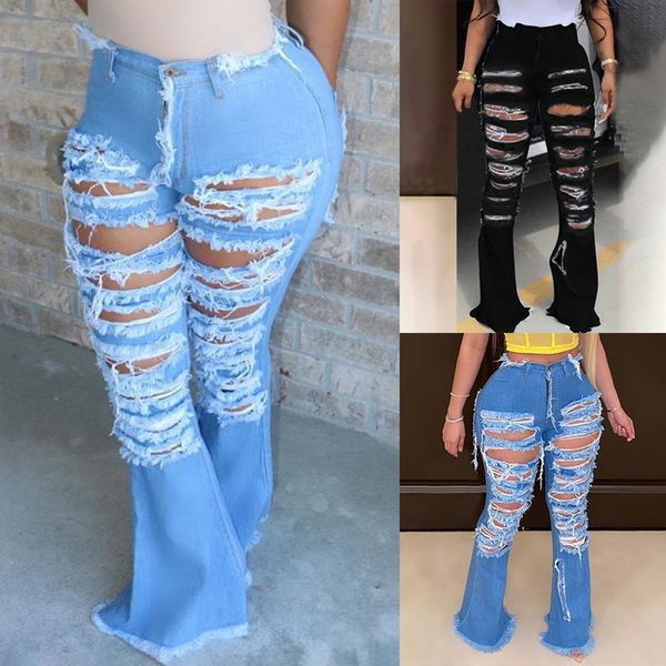 

ripped jeans fringe hollow out ruffle flare denim tall bodycon gat women broek club outfits, Blue