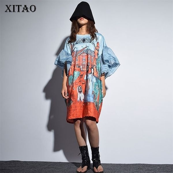 [Xitao] outono coreia moda o-pescoço manga cheia vestido solto feminino meia babados desenhos animados acima do joelho kzh432 210623