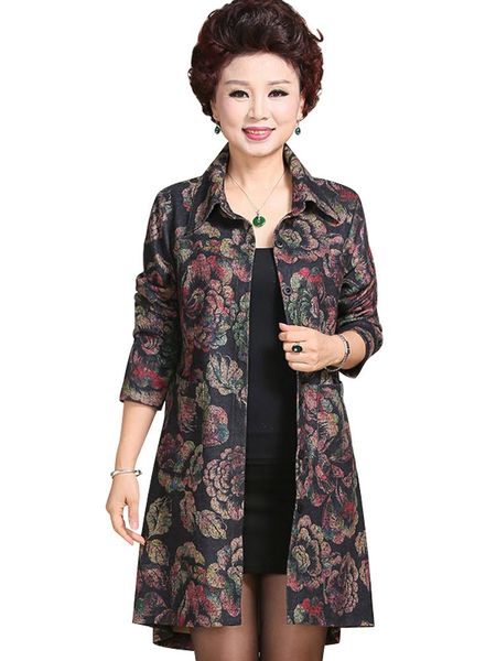 

women's trench coats spring autumn women casual coat turn-down collar single breasted vintage floral printed outwear plus size 5xl, Tan;black
