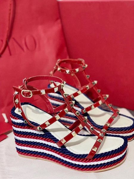 

elegant summer calfskin leather ankle strap wedge caged rock studs platform wedges sandals women high heels party dress eu35-42, Black