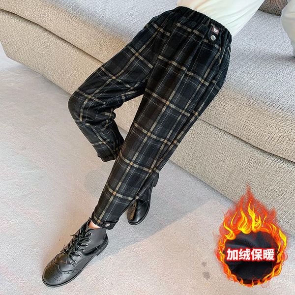 

teenage girls pants winter fleece casual woolen pants thick retro plaid kids school children trousers 4-12 years, Blue