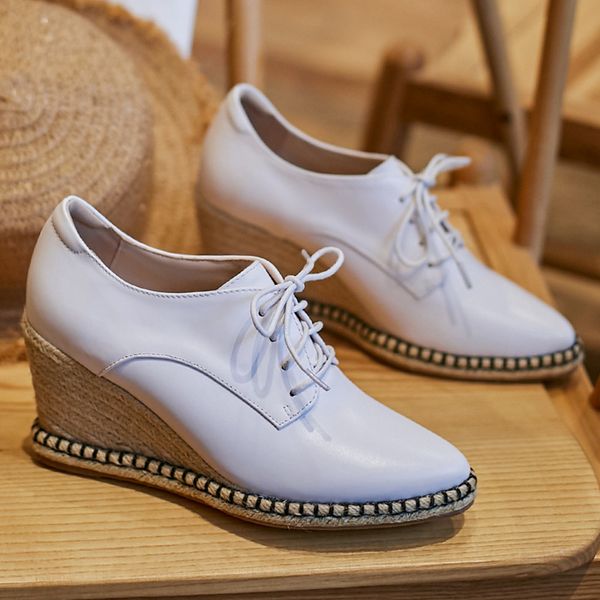 

womens genuine leather wedge pointed toe lace-up casual pumps hemp comfortable female footwear daily shoes women, Black