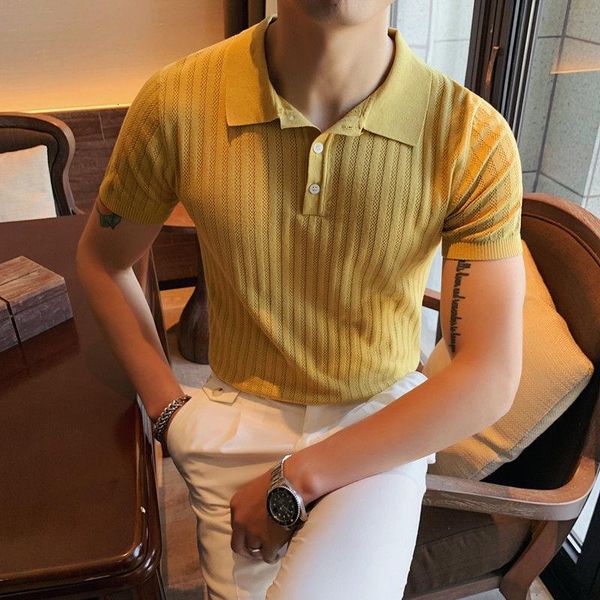 

men's polos men summer ice silk short slim lapel knitted solid color shirt with turn-down collar and simple double stripe decoratio, White;black