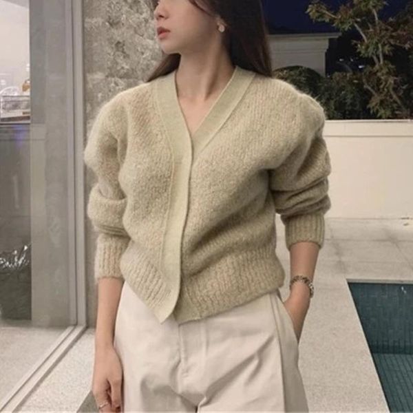 

women's knits & tees korean temperament solid vintage cardigans women v-neck covered button cropped sweaters 2021 autumn chic knitted c, White